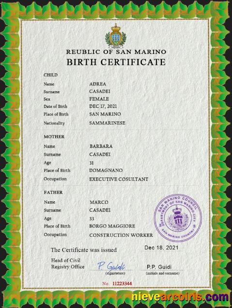 San Marino birth certificate